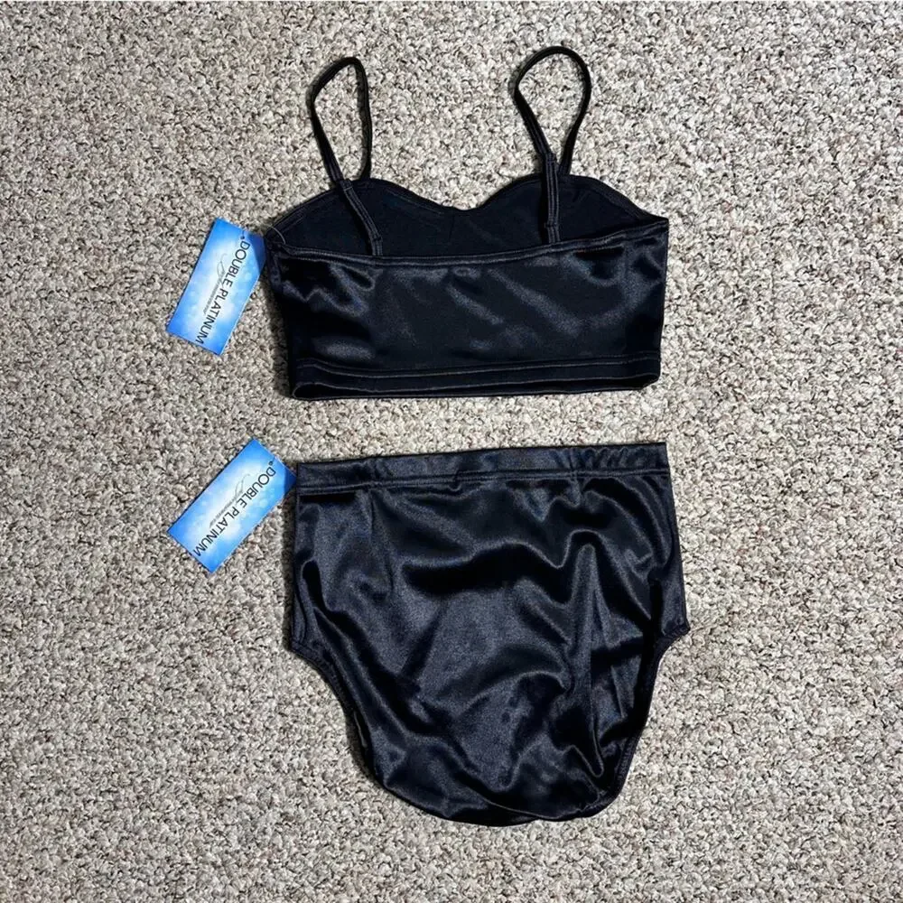 Double Platinum 2 piece Black Dance set Satin crop Top and Briefs Adult S NWT